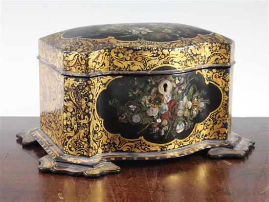 A Victorian papier mache tea caddy, 10in.